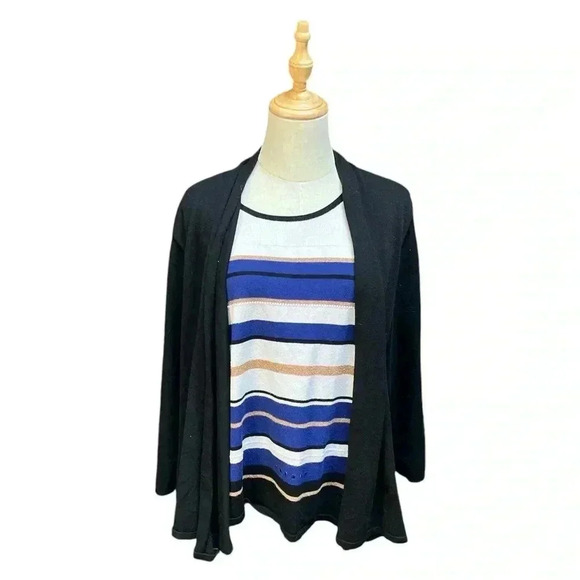 Alfred Dunner Black Striped Cardigan Sweater Size L - Picture 1 of 7